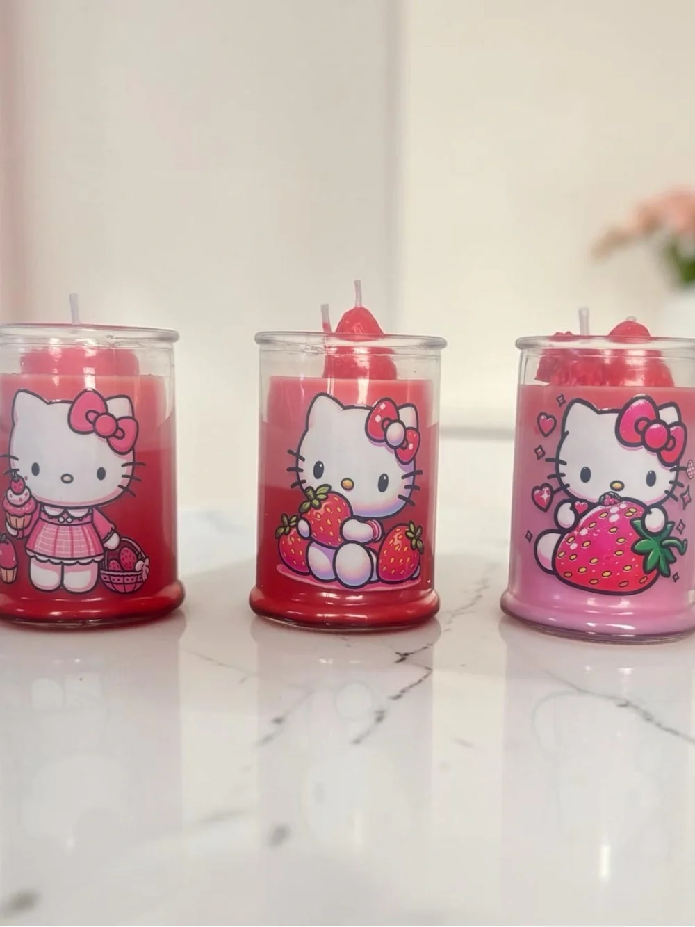 Hello Kitty Red and Pink Strawberry Party Candles - Set of 3